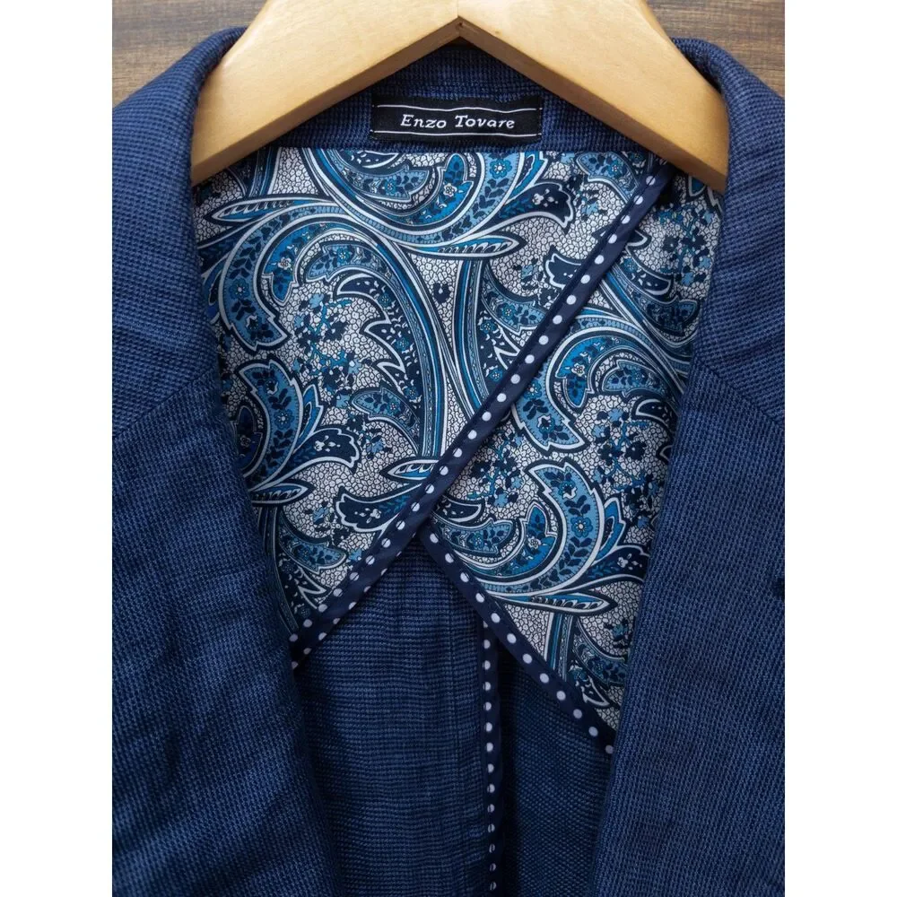 Enzo Tovare Italy 48L Navy Linen Sport Coat Blazer Paisley Lined Jacket Summer